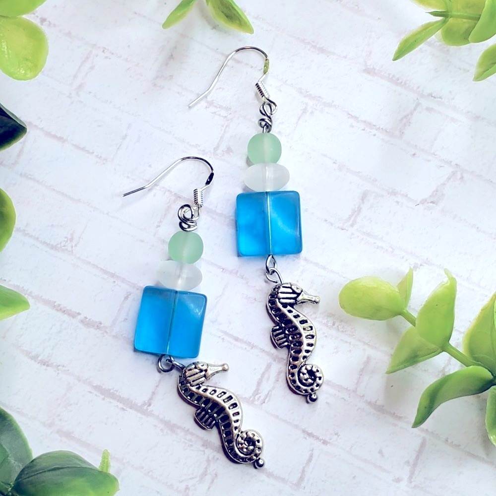 3/$25 Beach Sea Glass Earrings Silver Seahorse Charm Dangle Earrings